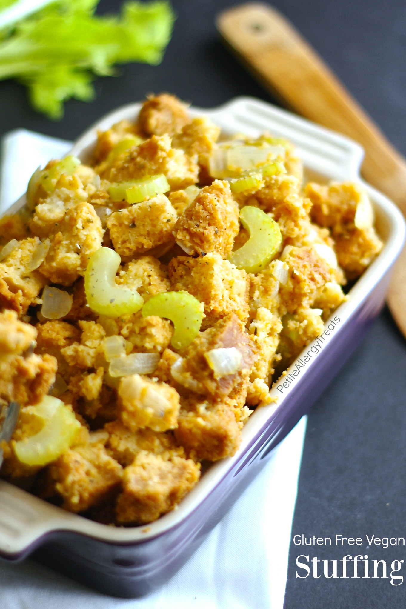 Gluten Free Stuffing- Easy traditional stuffing that's also Vegan. PetiteAllergyTreats. #thanksgiving