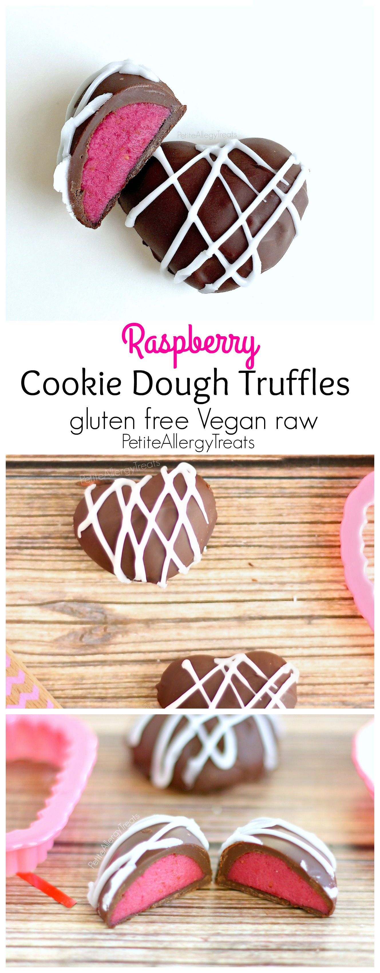 Chocolate Raspberry Cookie Dough Truffles (gluten free Vegan raw) Chocolate covered raspberry flavored cookie dough. A no bake natural red treat. 