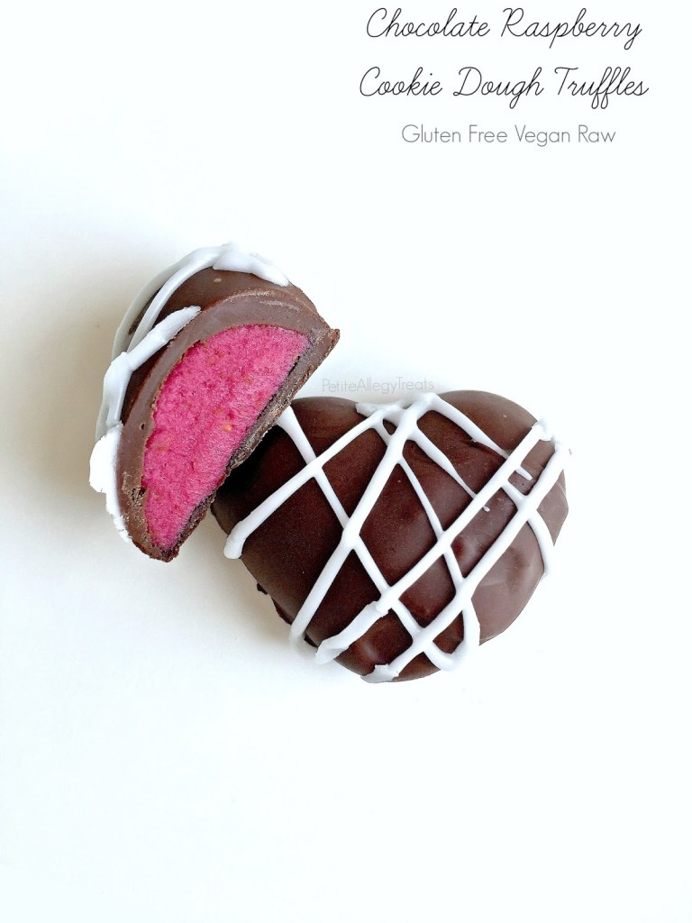 Chocolate Raspberry Cookie Dough Truffles (gluten free Vegan raw) Chocolate covered raspberry flavored cookie dough. A no bake natural red treat. 