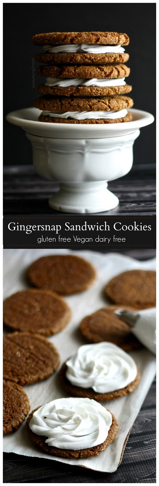Gingersnap Cookies Sandwiches (gluten free vegan dairy free)- Crisp chewy gingersnap cookies filled with coconut cream that's light and fluffy.