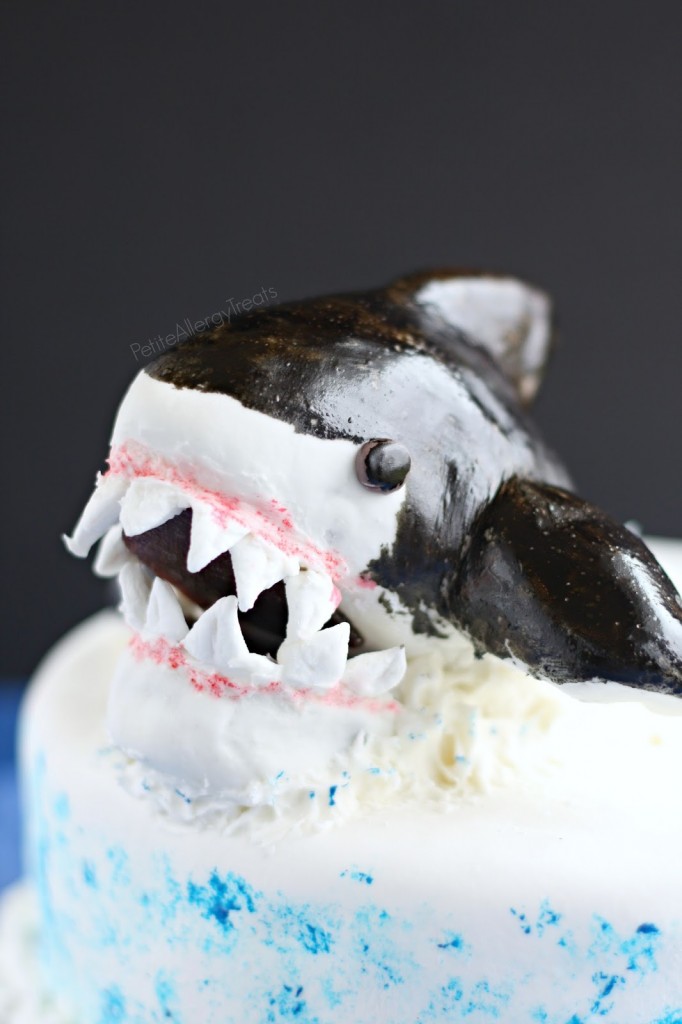 Shark Cake (egg free dairy free gluten free) This marshmallow fondant chocolate cake is a scary shark perfect for shark week or a birthday party. Sub Vegan marshmallows to make Vegan.