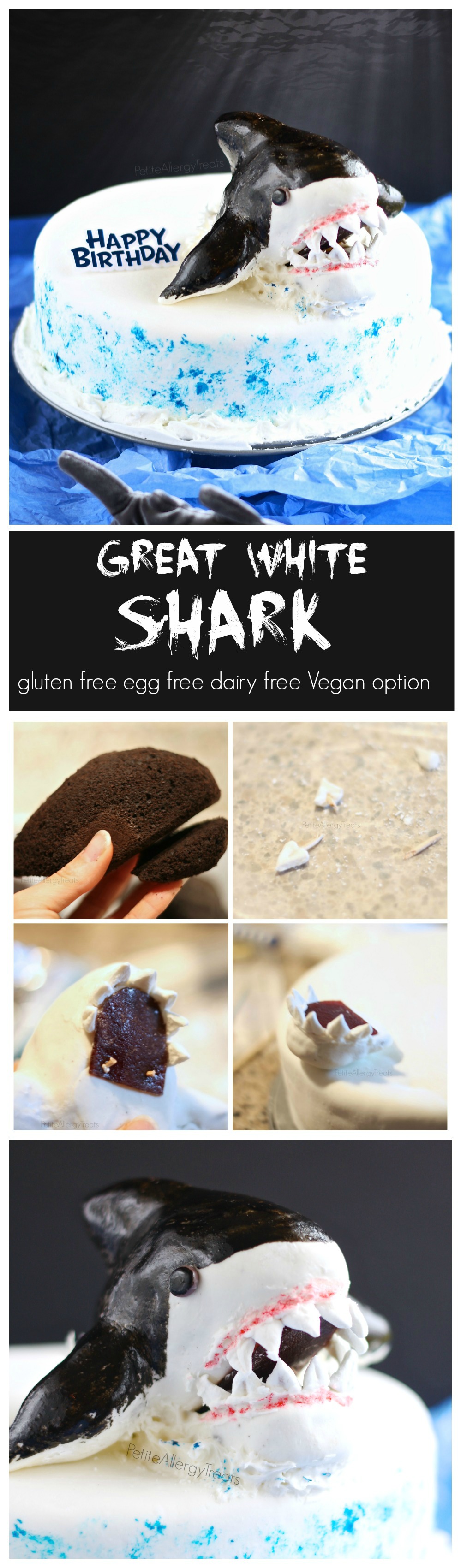 Shark Cake (egg free dairy free gluten free food allergies) This marshmallow fondant chocolate cake is a scary shark perfect for shark week or a birthday party. Sub Vegan marshmallows to make Vegan.