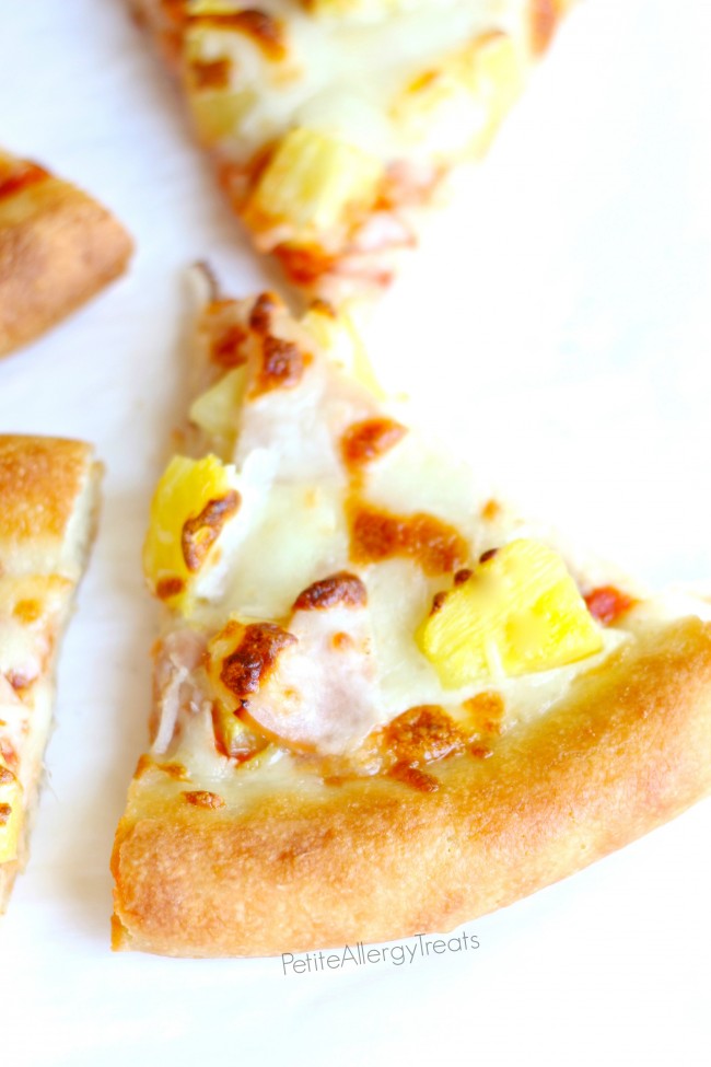 Hawaiian Pineapple Pizza (gluten free egg free)- Combine salty and sweet with an unbelievable puffy gluten free pizza crust