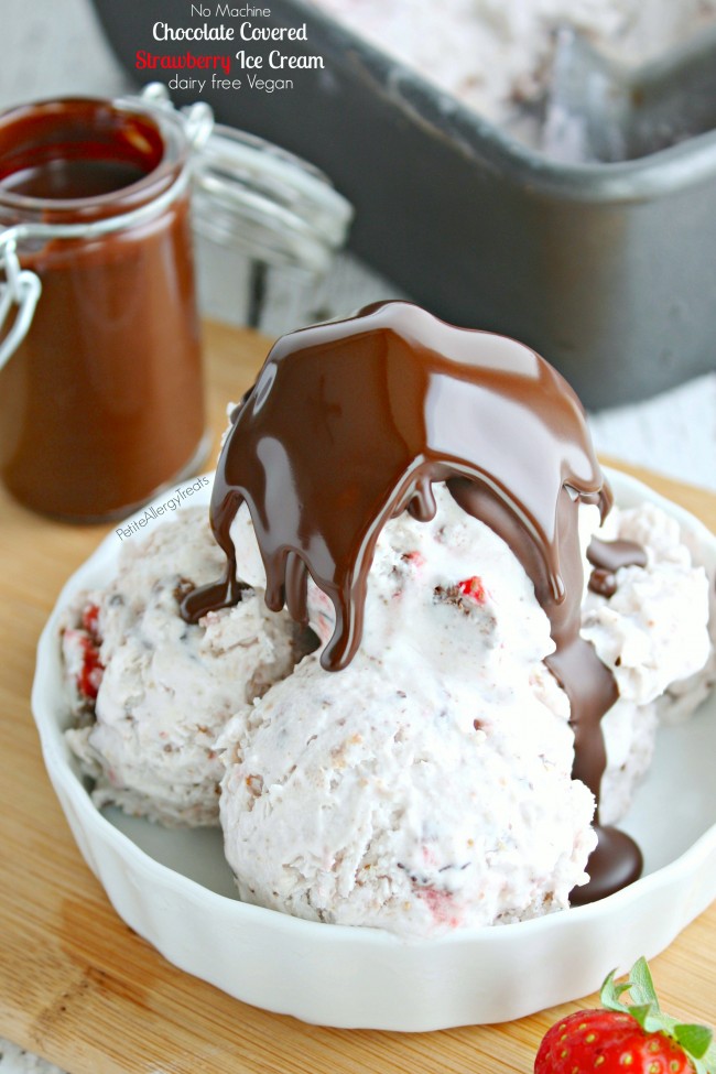 (Dairy Free) Chocolate Covered Strawberry Ice Cream- Real chocolate covered strawberries in a creamy coconut ice cream. Vegan #conquerthemess, #pmedia, #ad