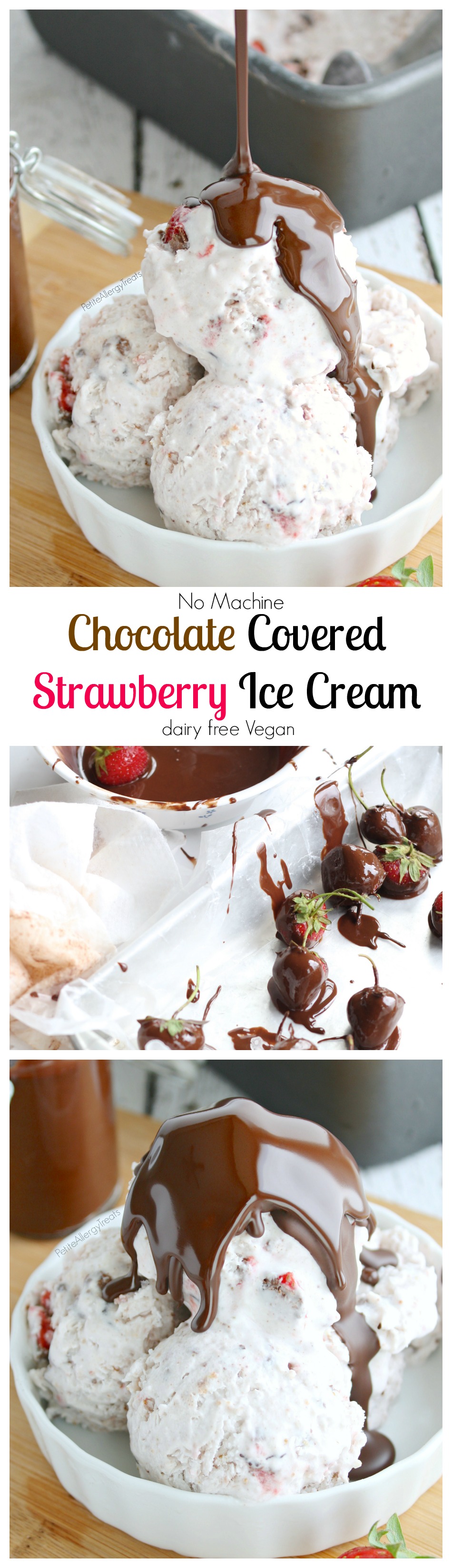 Chocolate Covered Strawberry Ice Cream (Dairy Free Vegan)- Real chocolate covered strawberries in a creamy coconut ice cream. #conquerthemess, #pmedia, #ad