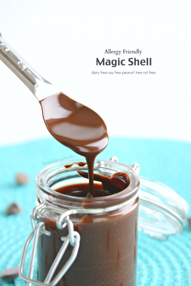 Homemade Magic Shell (Vegan)- 2 ingredients make this chocolate a perfect topping for ice cream. It's also dairy free. soy free and nut free.