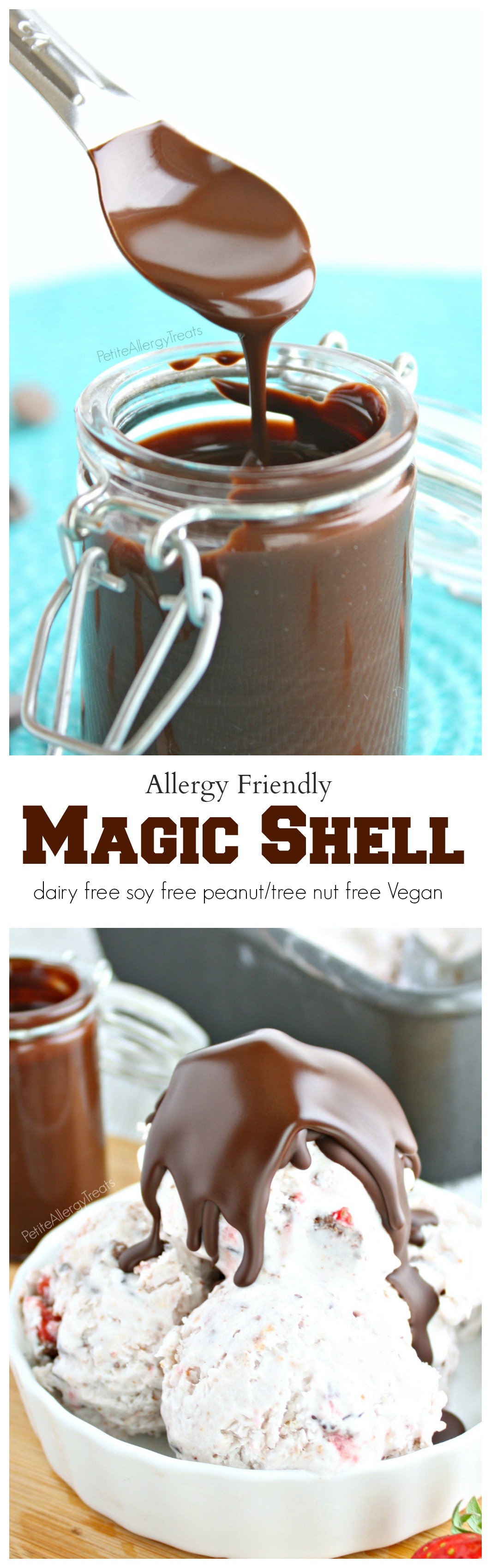 Homemade Magic Shell (Vegan)- 2 ingredients make this chocolate a perfect topping for ice cream. It's also dairy free. soy free and nut free