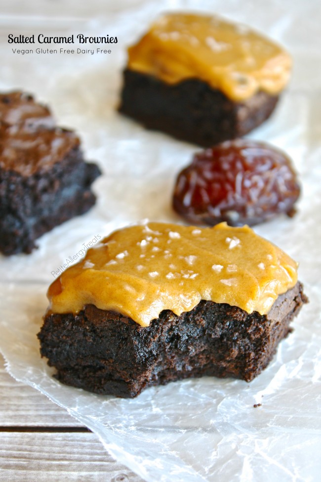 Gluten Free Caramel Brownies (Vegan) Fudgy brownies covered with sweet and salty caramel sauce! Dairy free easy caramel sauce