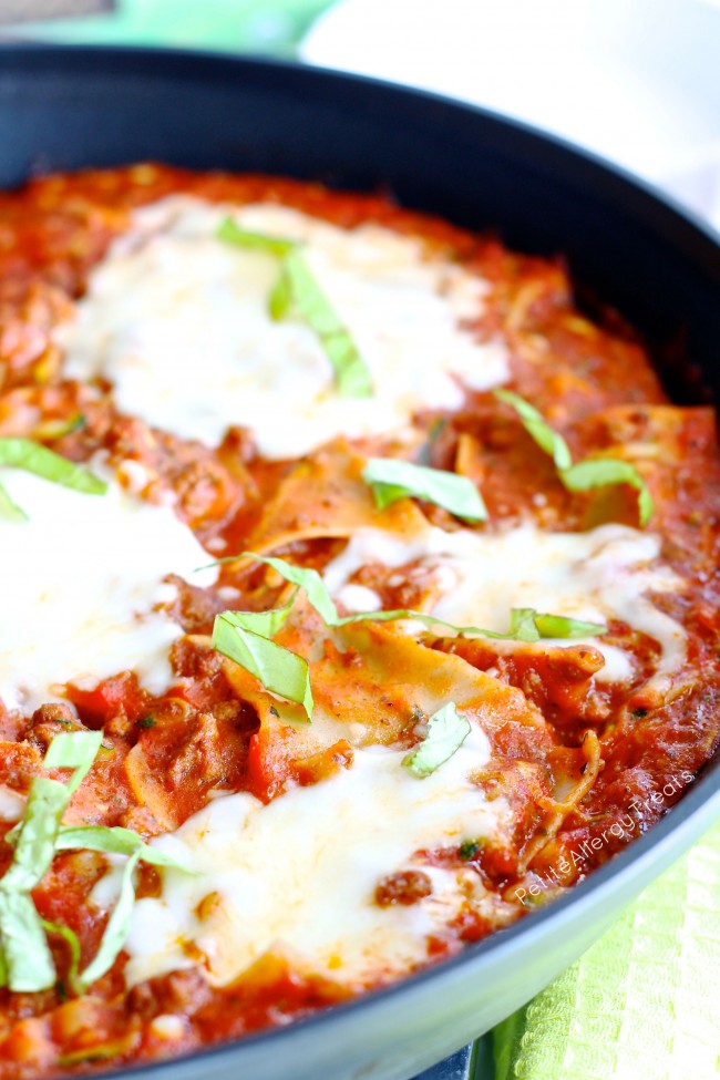 Gluten Free Skillet Lasagna- Ready in 30 minutes, this easy skillet meal is a perfect weeknight dinner!