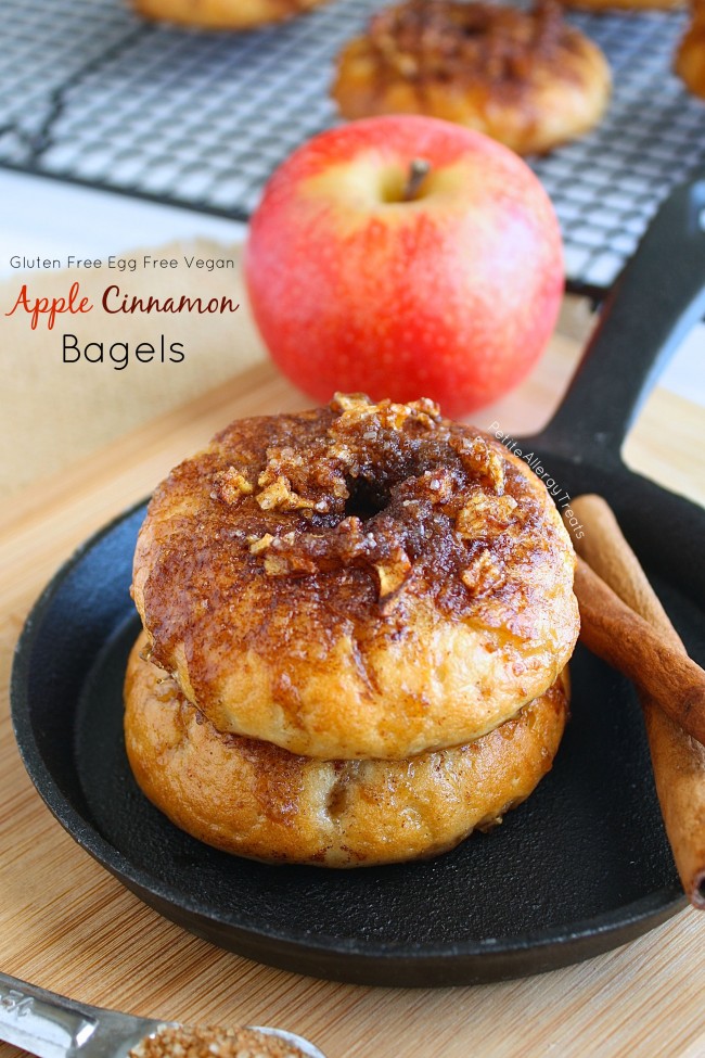 Gluten Free Cinnamon Apple Bagels (egg free vegan) Gluten free bagels never tasted so good! Bite into a bagel with sweet apples with a cinnamon top crunch! 