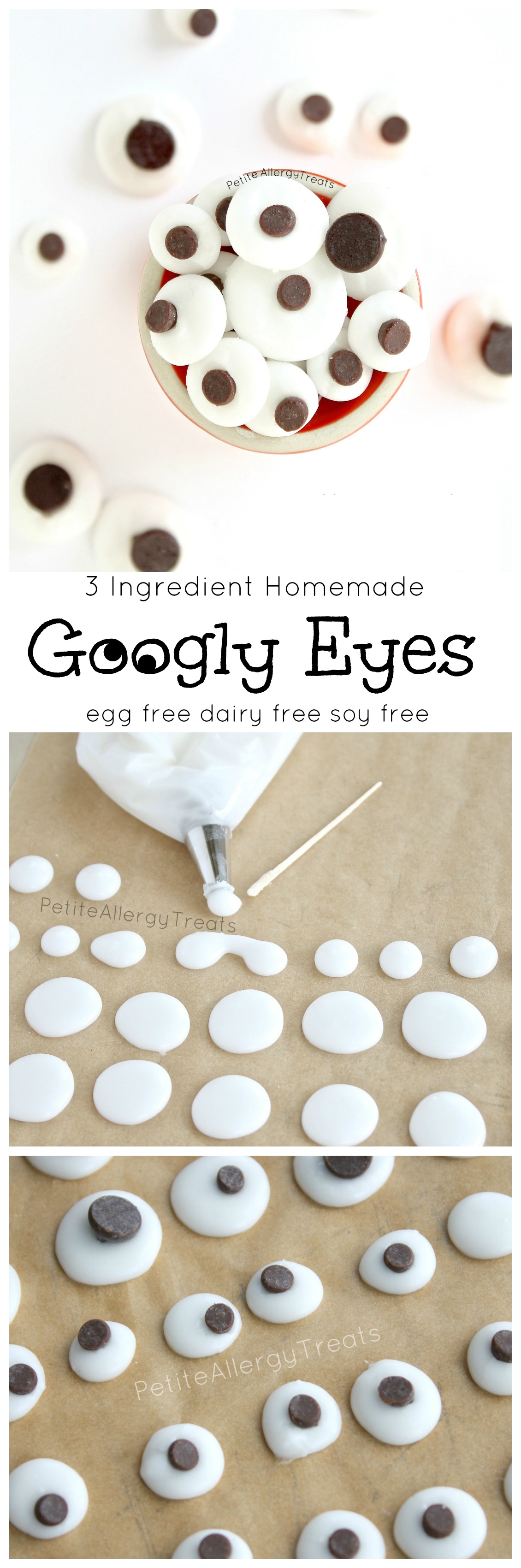 Homemade Googly Eyes (vegan egg free dairy free soy free)- Only 3 ingredients! Make desserts cuter with allergy friendly candy eyes. 