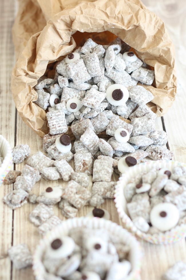 Nut Free Muddy Buddies Monster Munch (gluten free dairy free)- Classic treat with googly eyes and made peanut free, allergy friendly for classrooms