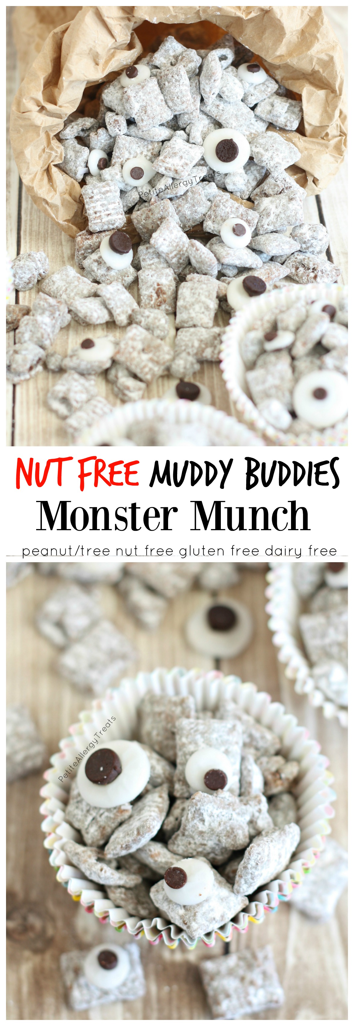 Nut Free Muddy Buddies Monster Munch (gluten free dairy free)- Classic treat with googly eyes and made peanut free, allergy friendly for classrooms