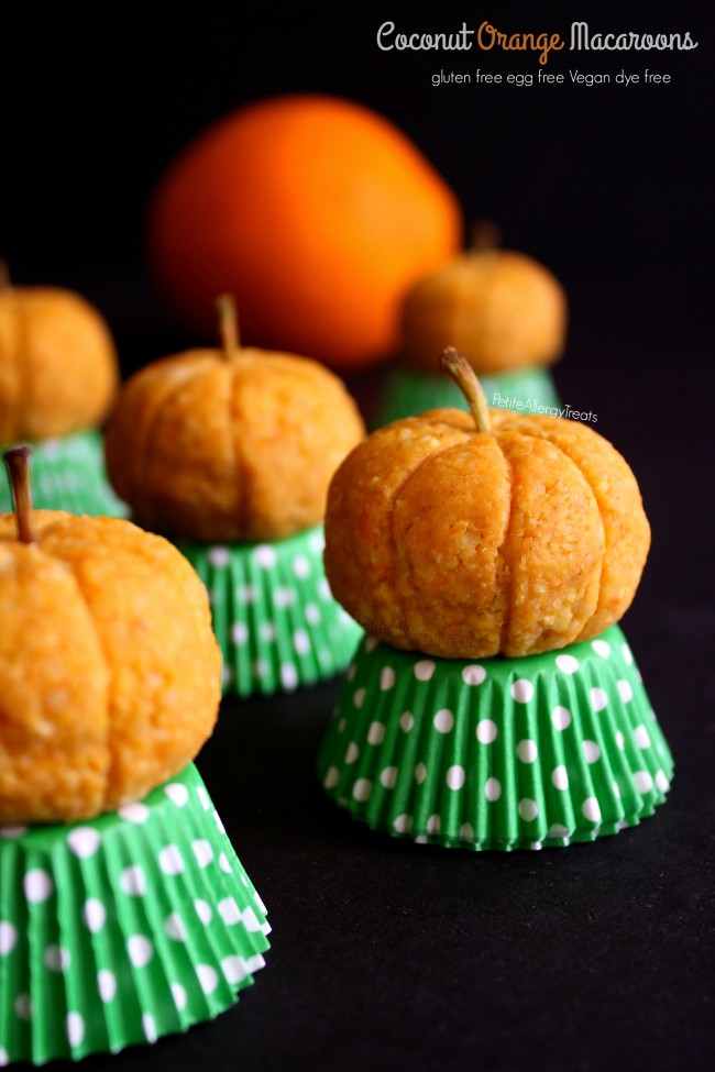 Coconut Orange Macaroons (gluten free vegan dye free) These cute pumpkins are really orange flavored coconut macaroons! Naturally colored and allergy friendly.