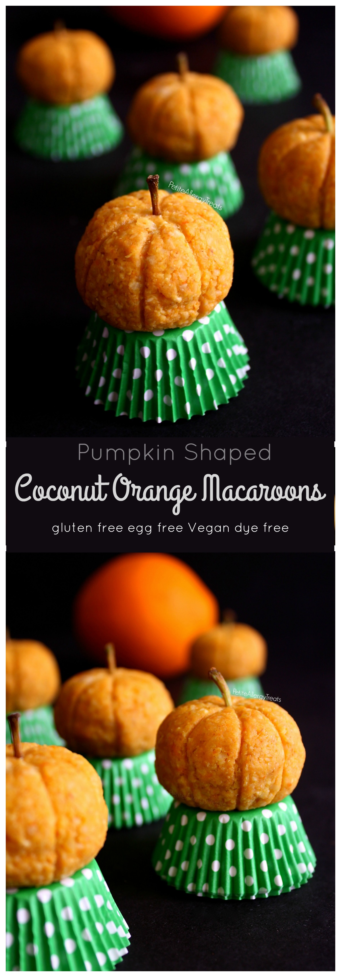Coconut Orange Macaroons (gluten free vegan dye free) These cute pumpkins are really orange flavored coconut macaroons! Naturally colored and allergy friendly.