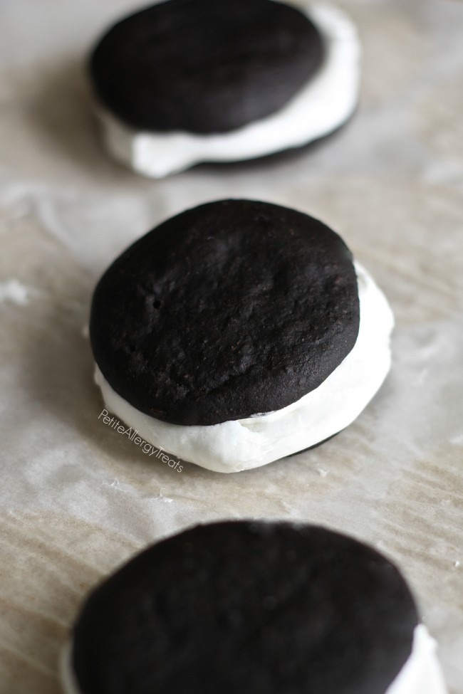 Gluten Free Whoopie Pies (egg free dairy free vegan-option) Easy marshmallow filled chocolate cakes, a lighter whoopie pie!