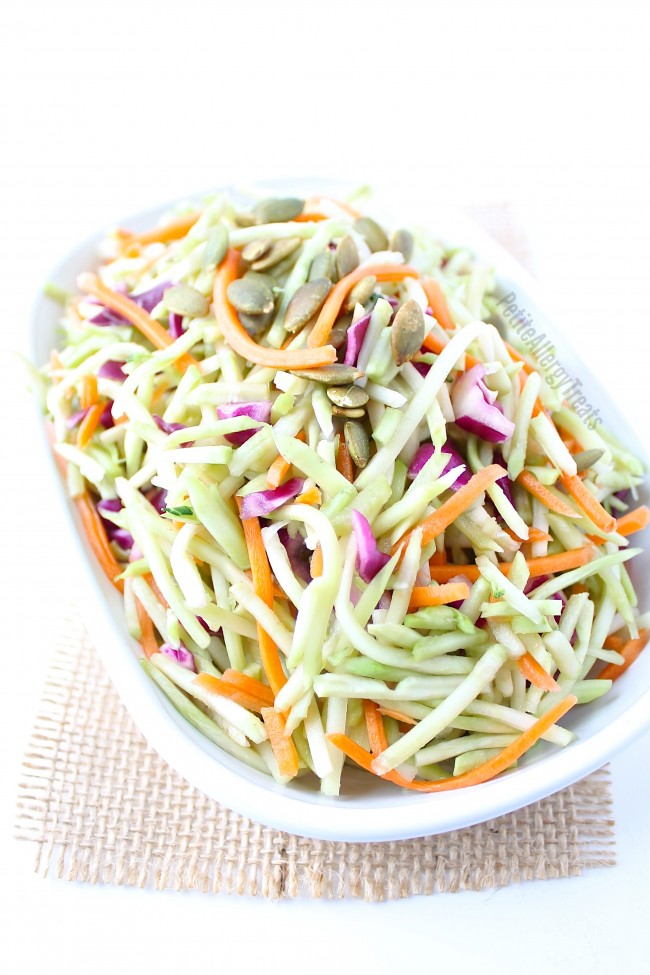 Broccoli Slaw Recipe (dairy free Vegan)- Light and healthy coleslaw made from broccoli stalks tossed in a light oil vinegrette 