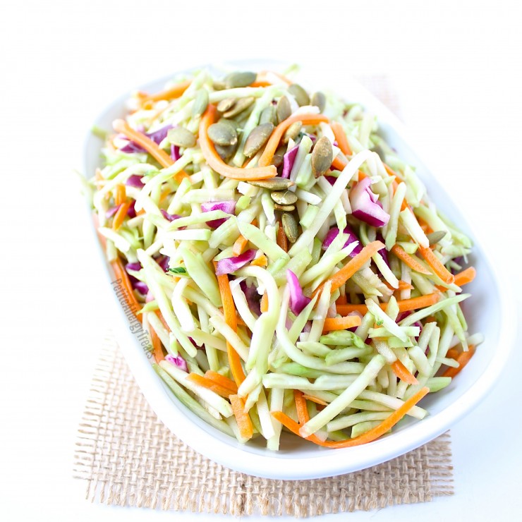 Broccoli Slaw (dairy free Vegan)- Light and healthy coleslaw made from broccoli stalks tossed in a light oil vinegrette 