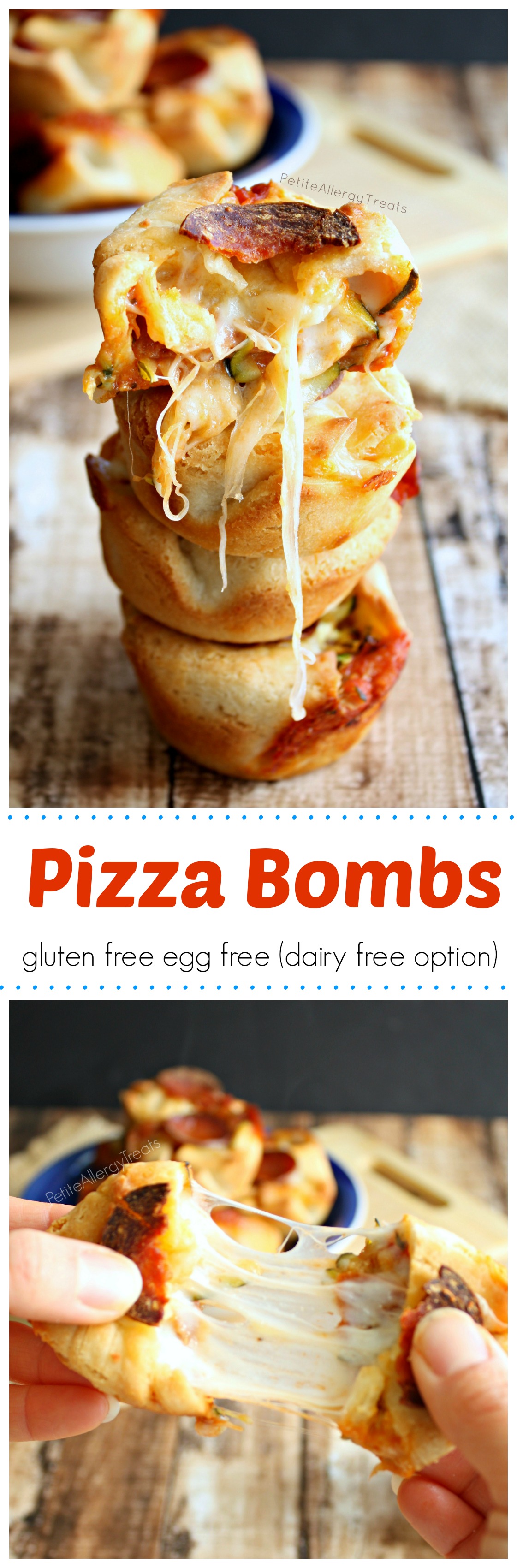 Pizza Bomb Bites (gluten free egg free, dairy free option)- Pizza pockets filled with gooey cheese and vegetables