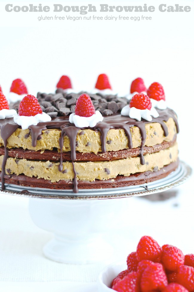 Cookie Dough Brownie Cake (Gluten Free Vegan Dairy Free)- Grab a slice of decadent brownie cookie dough cake! This cake is food allergy friendly too- egg free dairy free nut free soy free and Vegan #eatfreely, #ad