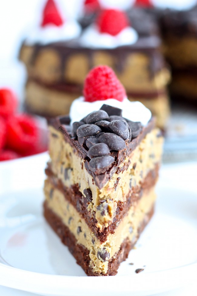 Vegan Cookie Dough Brownie Cake (Gluten Free Dairy Free) Recipe- Grab a slice of decadent brownie cookie dough cake! This cake is food allergy friendly too- egg free dairy free nut free soy free and Vegan #eatfreely, #ad