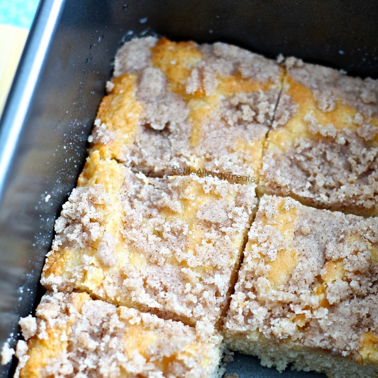 Vegan Coconut Cream Cinnamon Coffee Cake (gluten free recipe)- Light moist coffee cake infused with coconut and cinnamon. Dairy free egg free