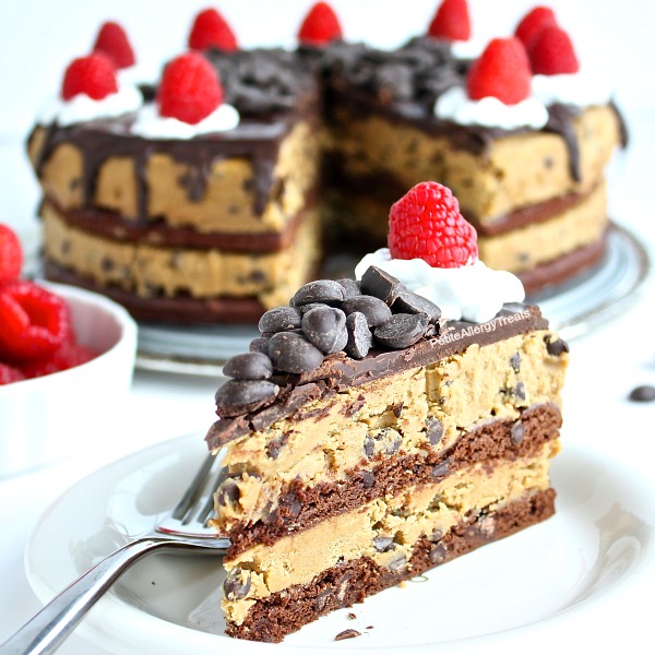 Vegan Brownie Cookie Dough Cake (Gluten Free Dairy Free) Recipe- Grab a slice of decadent brownie cookie dough cake! This cake is food allergy friendly too- egg free dairy free nut free soy free and Vegan #eatfreely, #ad