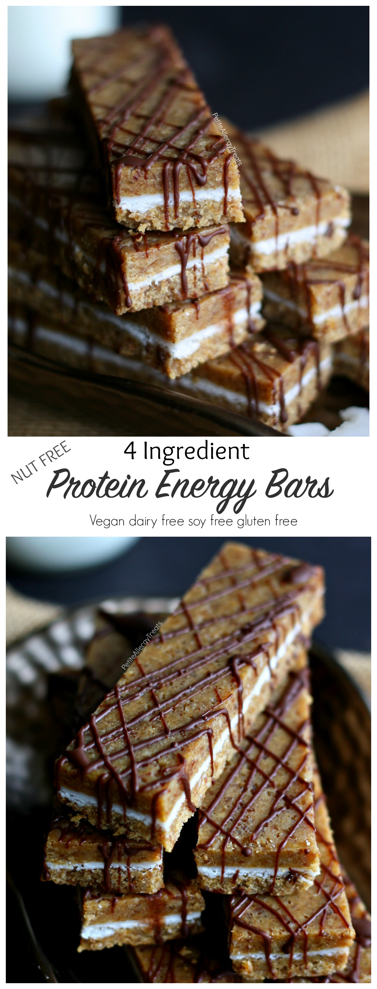 Nut Free Protein Energy Bars Recipe- (4 ingredients) These nut free no bake energy bites are full of sunflower butter, dates and coconut butter with 6 grams of protein 5 grams of fiber!