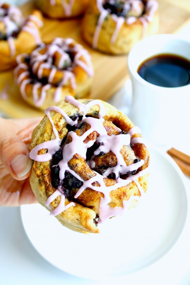 Blueberry Cinnamon Rolls Recipe (Gluten Free Vegan egg free)- Soft and sweet gluten free cinnamon buns with real blueberries. Hard to believe they are dairy free and food allergy friendly too!