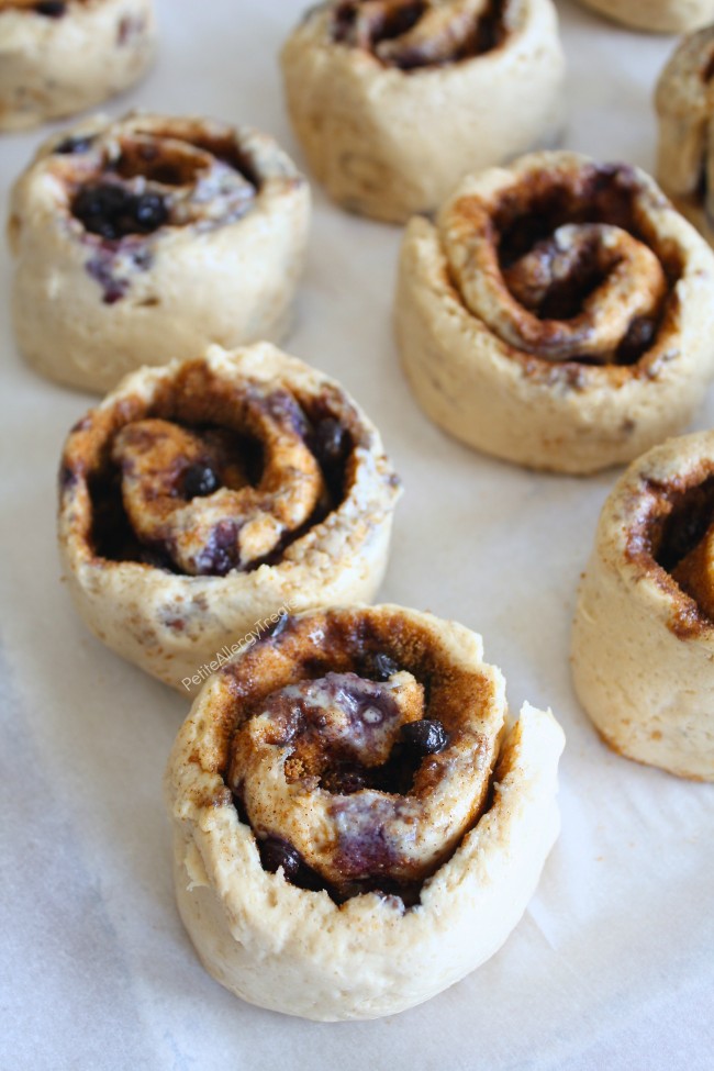 Gluten Free Vegan Blueberry Cinnamon Rolls Recipe (dairy free egg free)- Soft and sweet gluten free cinnamon buns with real blueberries. Hard to believe they are dairy free and food allergy friendly too!
