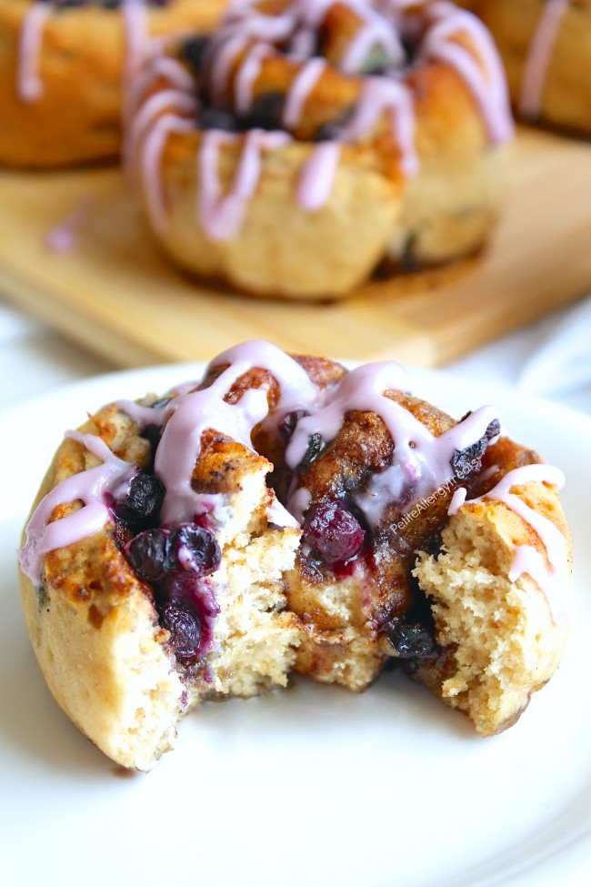 Gluten Free Blueberry Cinnamon Rolls Recipe (Gluten Free Vegan dairy free egg free)- Soft and sweet gluten free cinnamon buns with real blueberries. Hard to believe they are dairy free and food allergy friendly too!