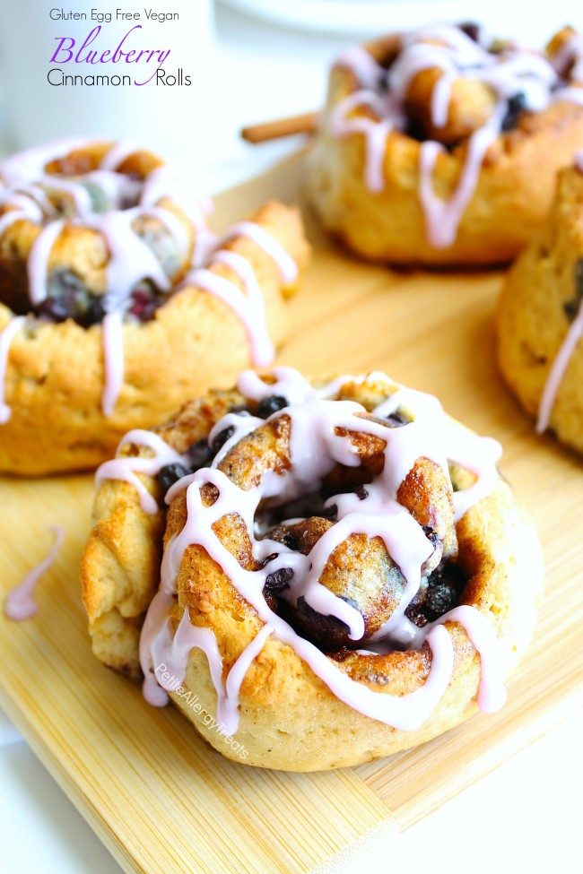 Gluten Free Blueberry Cinnamon Rolls Recipe (Vegan egg free)- Soft and sweet cinnamon buns with real blueberries. Hard to believe they are dairy free and food allergy friendly too!