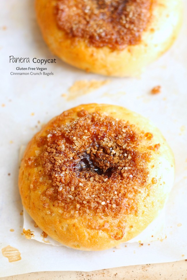 Gluten Free Cinnamon Crunch Panera Bagel Copycat Recipe- Crunchy Panera cinnamon crunch bagels turned gluten free egg free and vegan! You can now enjoy bagels again