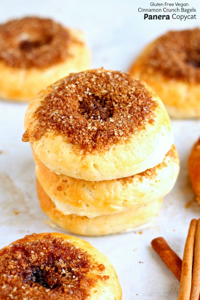 Copycat Cinnamon Crunch Panera Bagels (Gluten Free Vegan) - Crunchy Panera cinnamon crunch bagels turned gluten free egg free and vegan! You can now enjoy bagels again