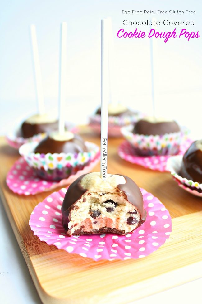 Easy Gluten Free Cookie Dough Pops Recipe no bake ( egg free dairy free) These chocolate covered cookie dough bombs are an easy no bake dessert. Food allergy friendly recipe