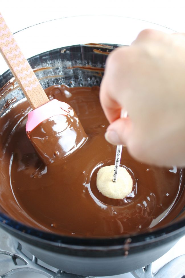 No Bake Cookie Dough Pops Recipe (gluten free egg free dairy free) These chocolate covered cookie dough bombs are an easy no bake dessert. Food allergy friendly recipe