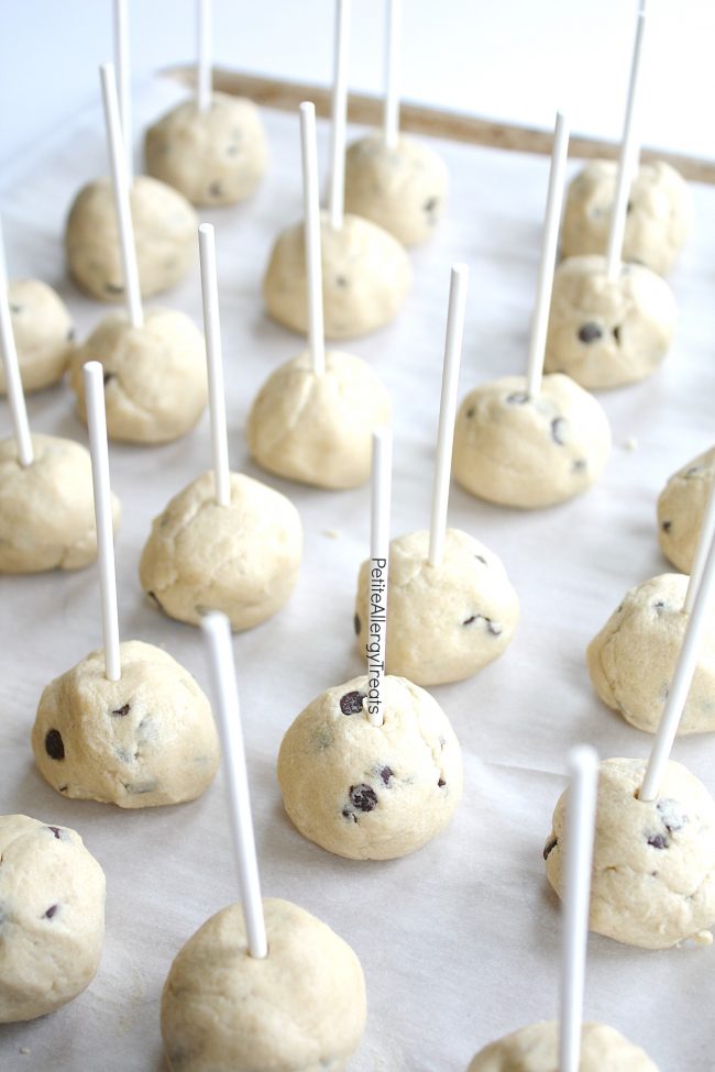 Cookie Dough Bombs Recipe (gluten free egg free dairy free) These chocolate covered cookie dough pops are an easy no bake dessert. Food allergy friendly recipe