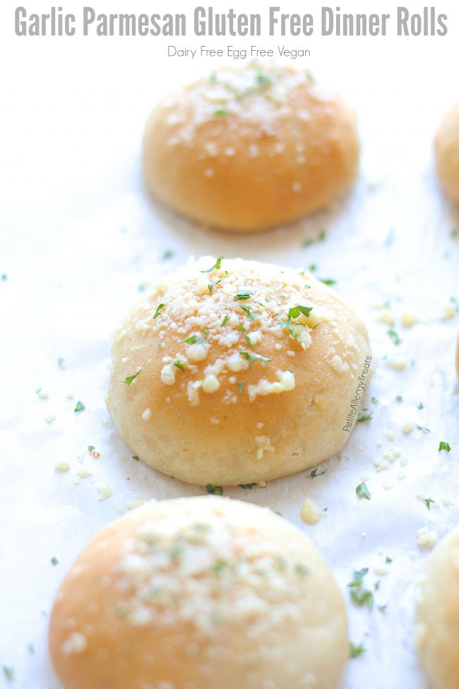 Garlic Parmesan Gluten Free Dinner Rolls Recipe (dairy free vegan)- Light and fluffy gluten free rolls or hamburger buns. Soft and delicious warm from the oven. Food Allergy friendly too!