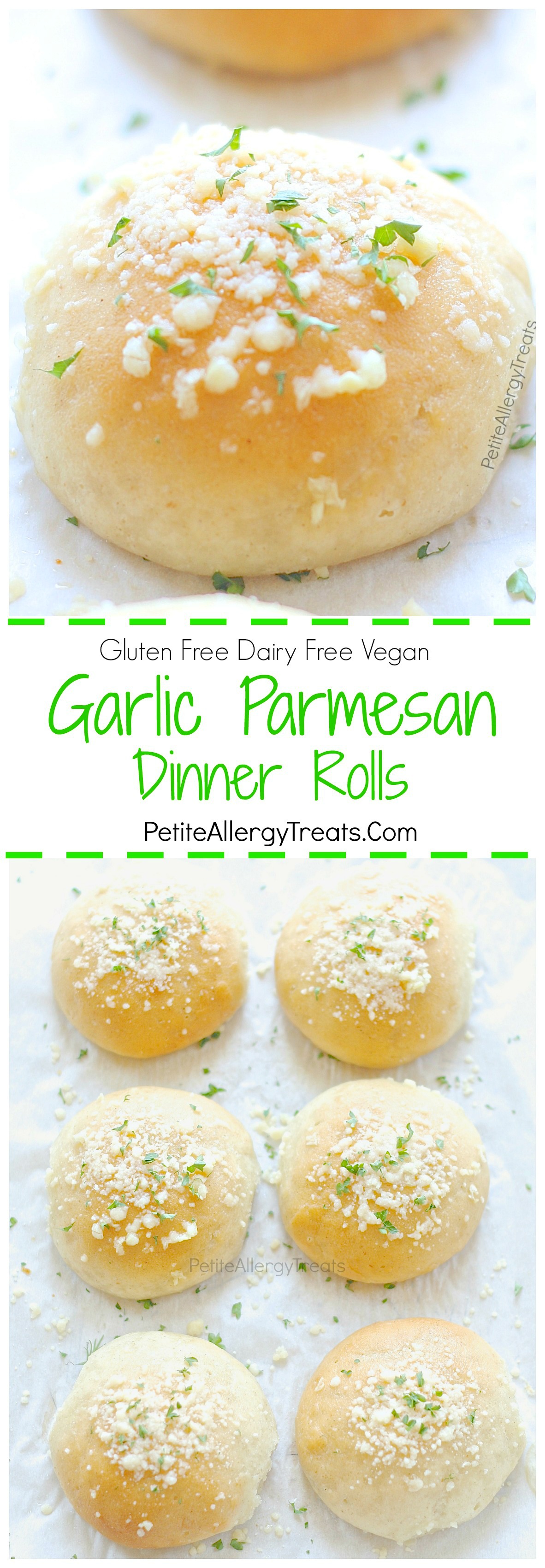 Garlic Parmesan Gluten Free Dinner Rolls Recipe (dairy free vegan)- Light and fluffy garlic parmesan gluten free rolls or hamburger buns. Soft and delicious warm from the oven. Food Allergy friendly too!