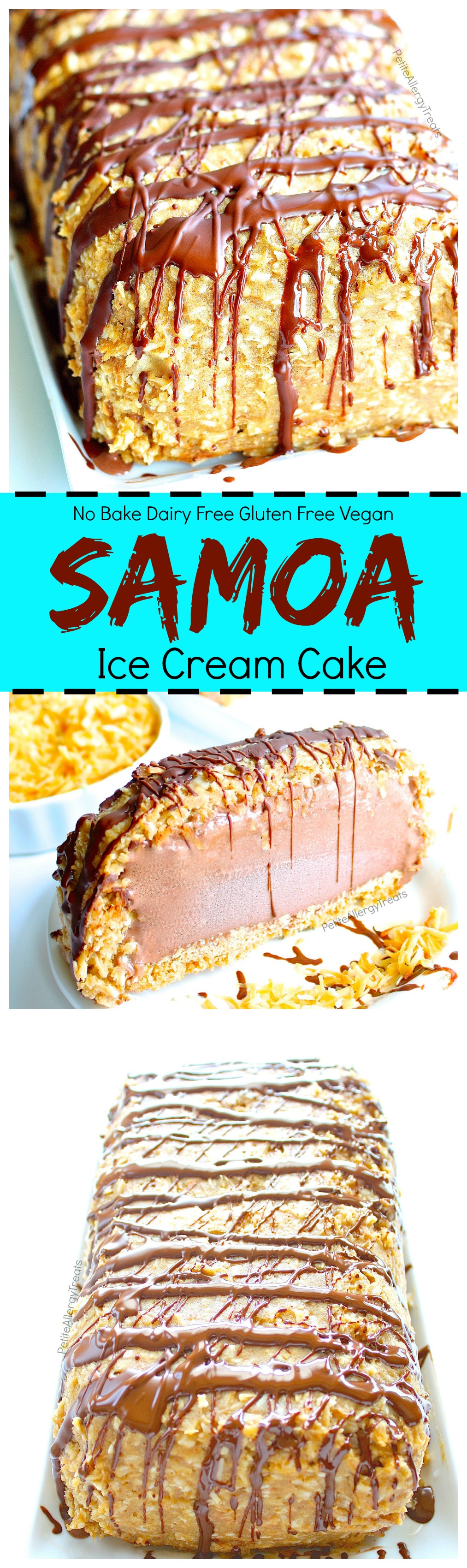  Dairy Free Samoa Ice Cream Cake Recipe (Gluten Free Vegan )- Crunchy toasted coconut, sweet caramel with cookie crumb bottom make this dairy free chocolate ice cream cake irresistible. Food Allergy friendly.