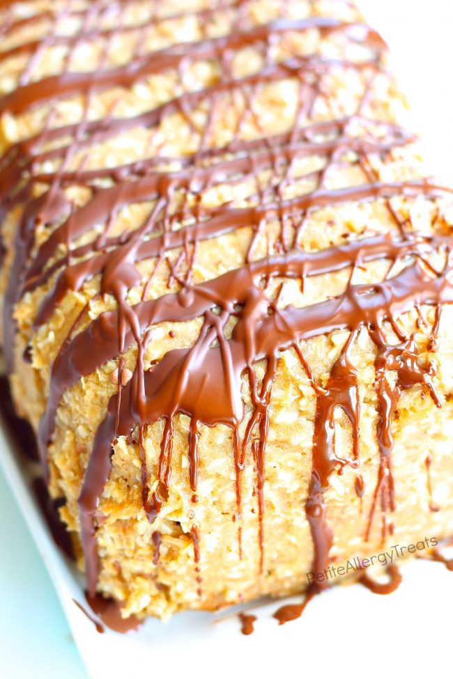 Caramel deLite (aka Samoa) Ice Cream Cake Recipe (Gluten Free Dairy Free Vegan)- Crunchy toasted coconut, sweet caramel with cookie crumb bottom make this dairy free chocolate ice cream cake irresistible. Food Allergy friendly.