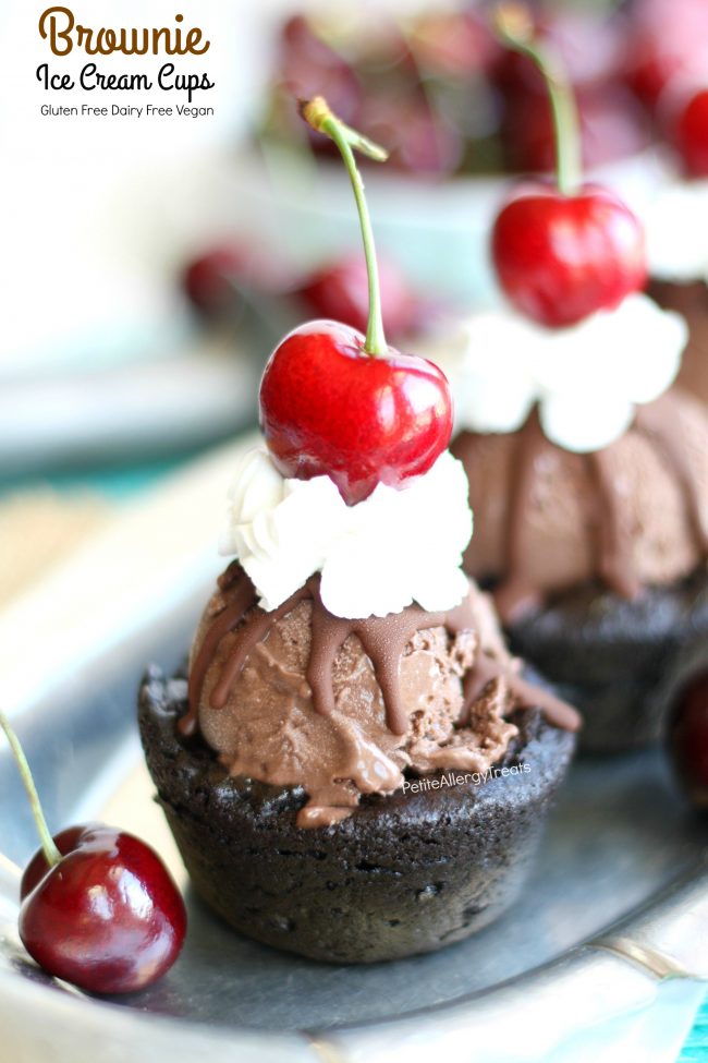 Gluten Free Vegan Brownie Ice Cream Cups Recipe (dairy free)- Edible ice cream bowl made from chewy brownies. You'd never know it's Food Allergy Friendly.