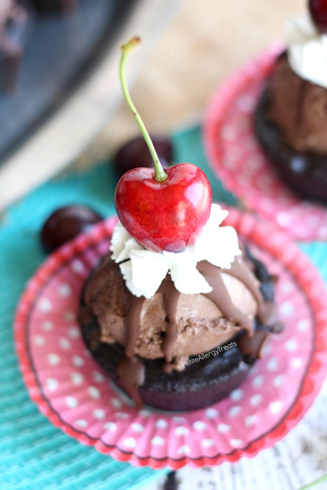 Gluten Free Brownie Ice Cream Bowls Recipe (Vegan dairy free)- Edible ice cream brownie cup made from chewy gluten free brownies.You'd never know it's Food Allergy Friendly.