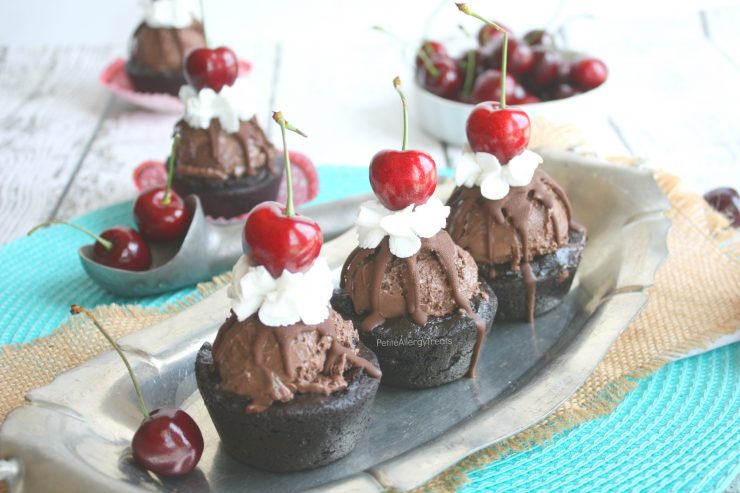 Dairy Free Brownie Ice Cream Cups Recipe (gluten free Vegan)- Edible ice cream brownie bowl made from chewy gluten free brownies.You'd never know it's Food Allergy Friendly.