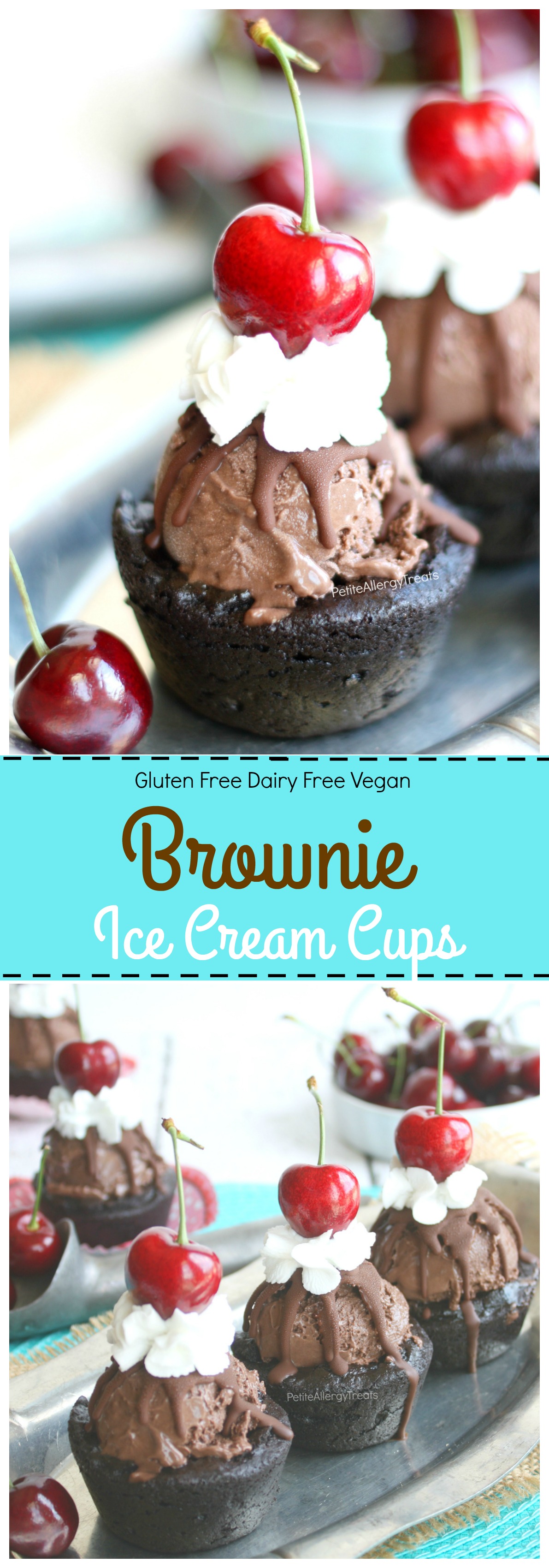 Gluten Free Vegan Brownie Ice Cream Cups Recipe (dairy free)- Edible ice cream brownie bowl made from gluten free chewy brownies.You'd never know it's Food Allergy Friendly.