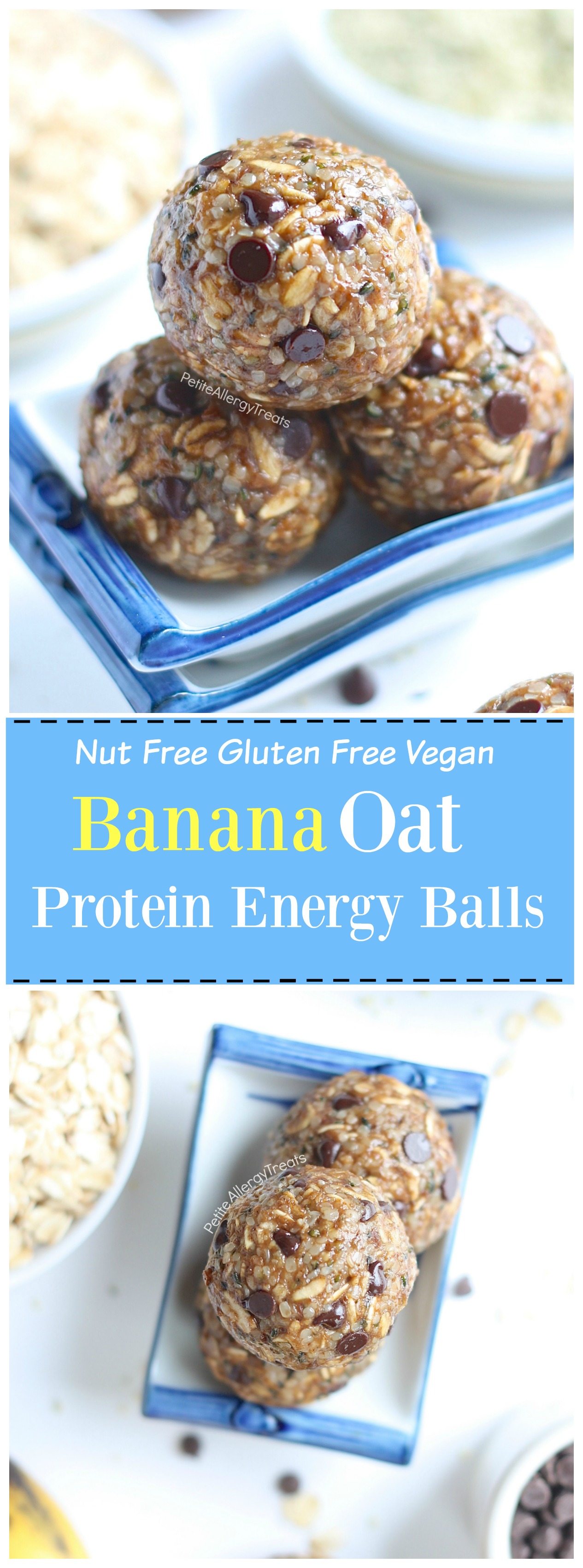 Nut Free Banana Oat Protein Energy Balls (gluten free dairy free vegan) Recipe- No bake healthy snack banana oat balls packed with protein, fiber and sweetened with banana. Food Allergy Friendly