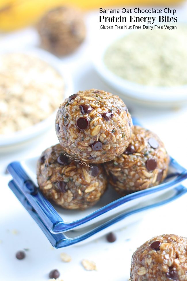 Nut Free Banana Oat Protein Energy Balls (gluten free dairy free vegan) Recipe- No bake healthy snack packed with protein, fiber and sweetened with banana.