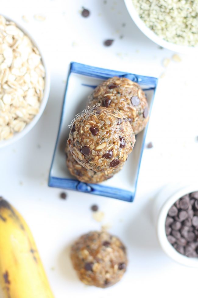 Nut Free Protein Energy Balls (gluten free dairy free vegan) Recipe- No bake healthy snack banana oat balls packed with protein, fiber and sweetened with banana.
