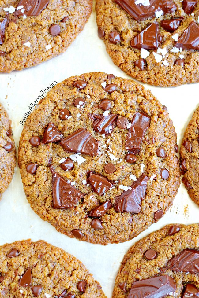 Gluten Free Chocolate Chip Protein Cookies (nut free vegan dairy free) Recipe- Crisp bakery style food allergy friendly chocolate chunk cookies.