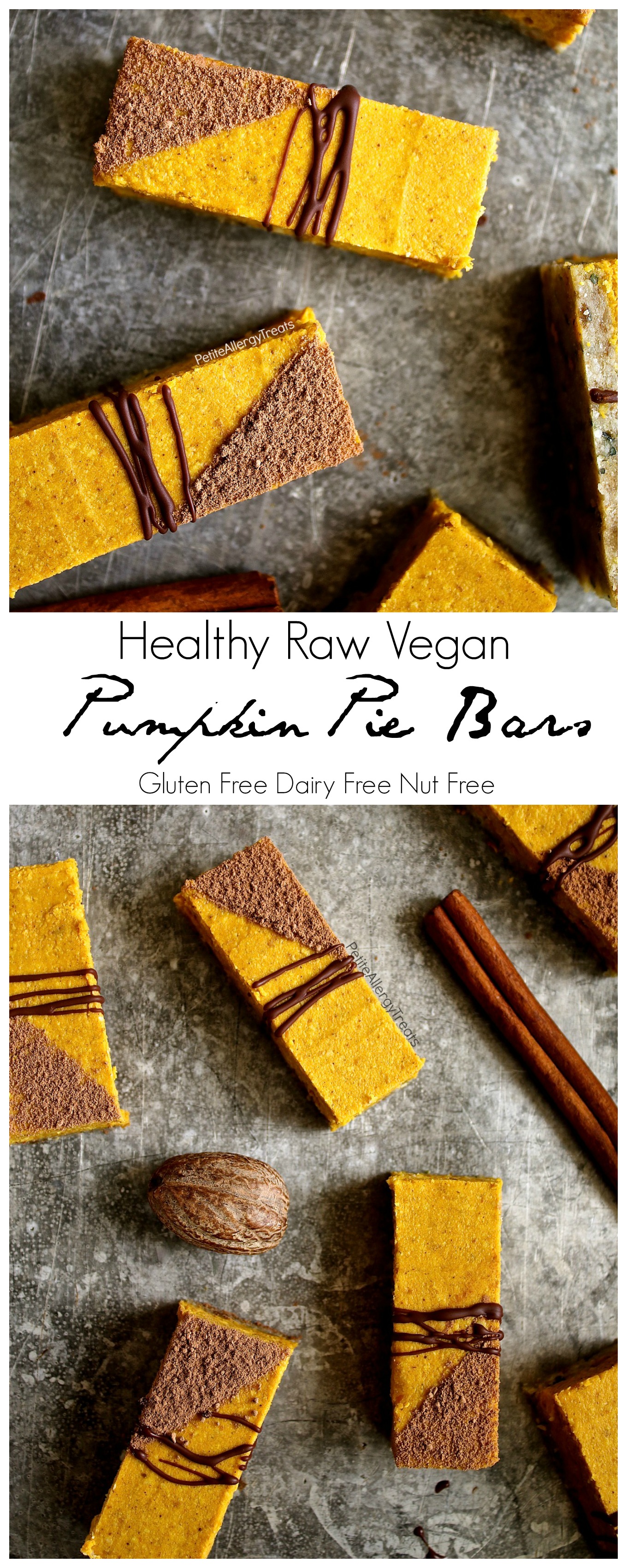 Healthy Raw Gluten Free Pumpkin Pie Bars Recipe (Vegan dairy free nut free)- No bake raw bars filled with real pumpkin, coconut butter, dates and hemp seeds. Refined sugar free. Food Allergy Friendly